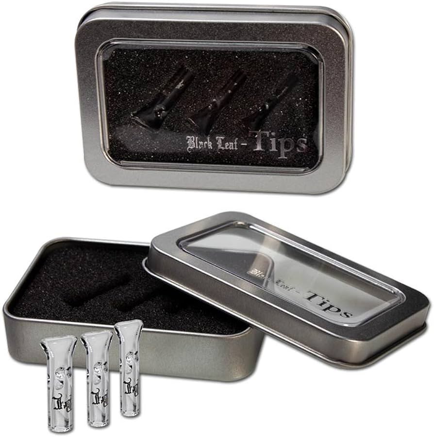 Black Leaf Glass Roach Tips in metal storage tin  RN Vape Shop   