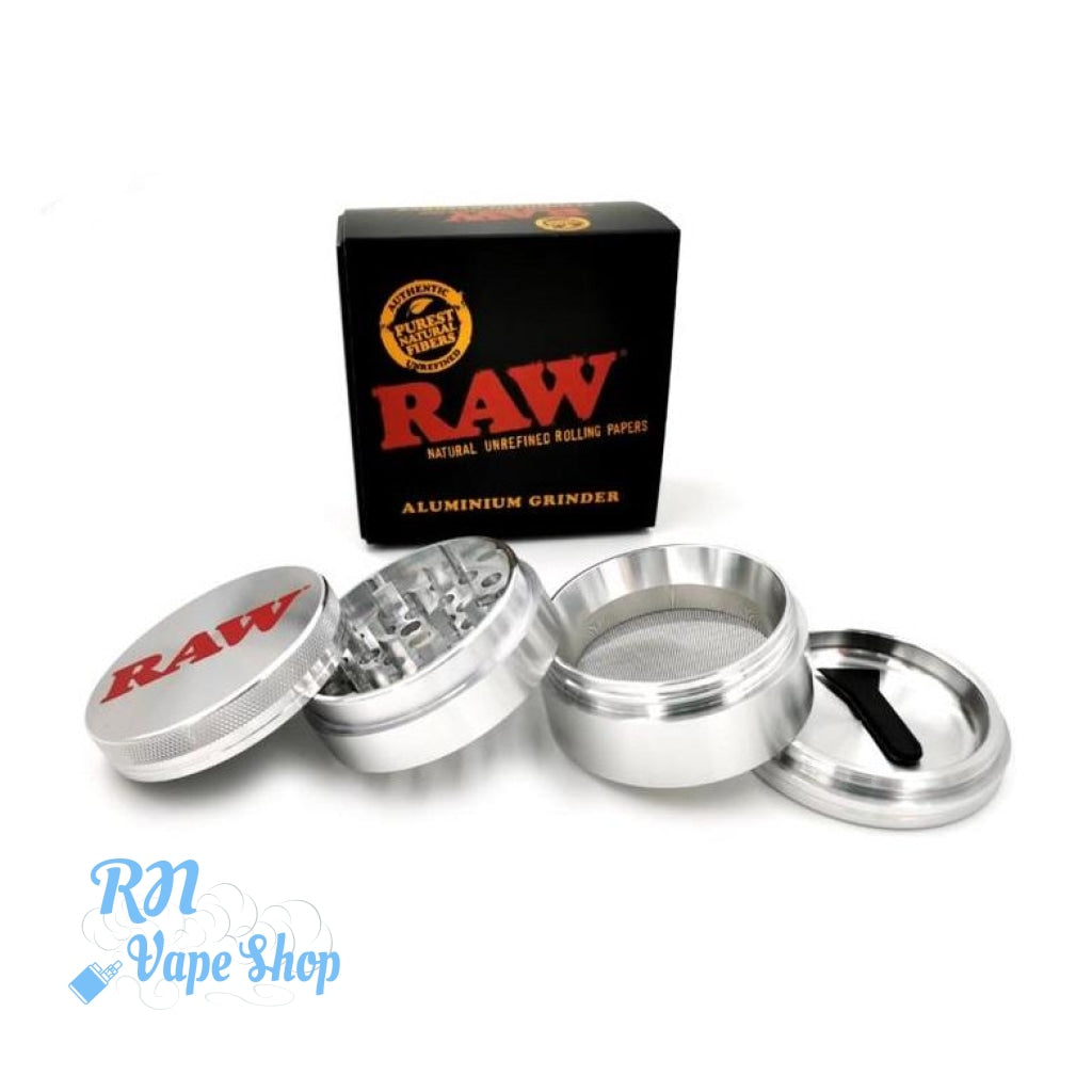 RAW Aluminium Grinder 56mm 4 Piece Shredder Card Grinder RN Vape Shop   