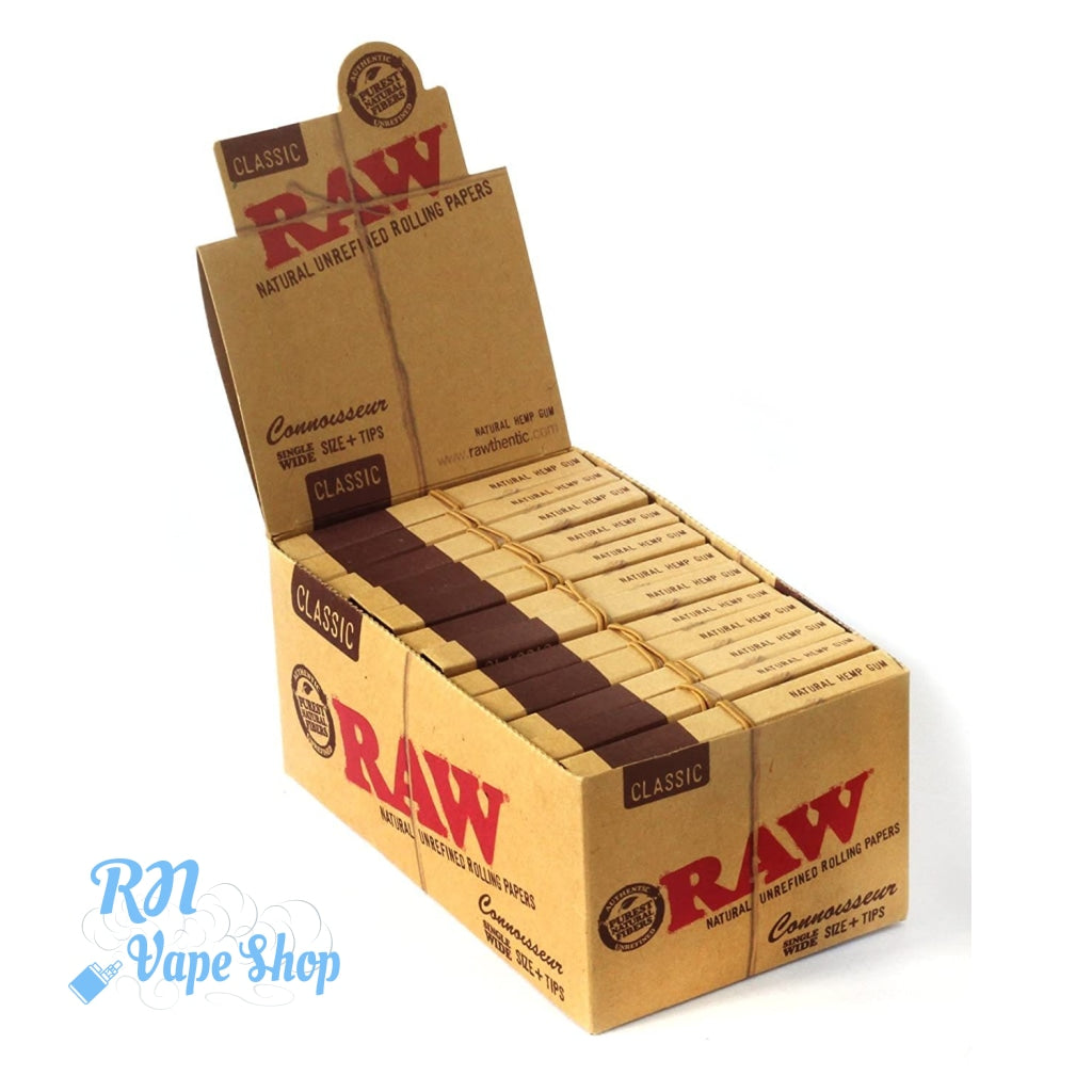 RAW Classic Single Wide Connoisseur Rolling Papers with Tips RAW Papers & Tips RN Vape Shop Box  